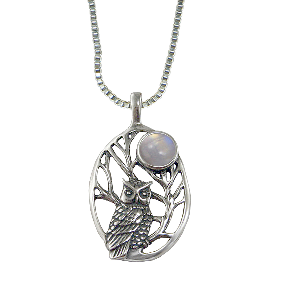 Sterling Silver Sacred Owl Pendant With Rainbow Moonstone